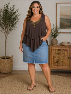 Avenue Brown Embellished Blouse Beaded Neckline Tiered Flowy Top plus size 18/20